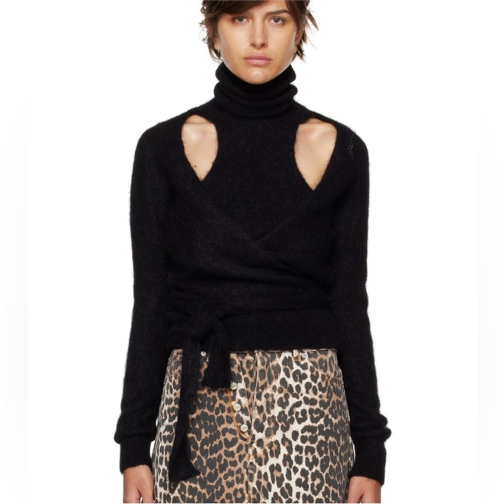 GANNI Black Cutout Turtleneck Wrap Sweater - NWOT Soft Knit Wrap Sweater XS - Picture 2 of 5